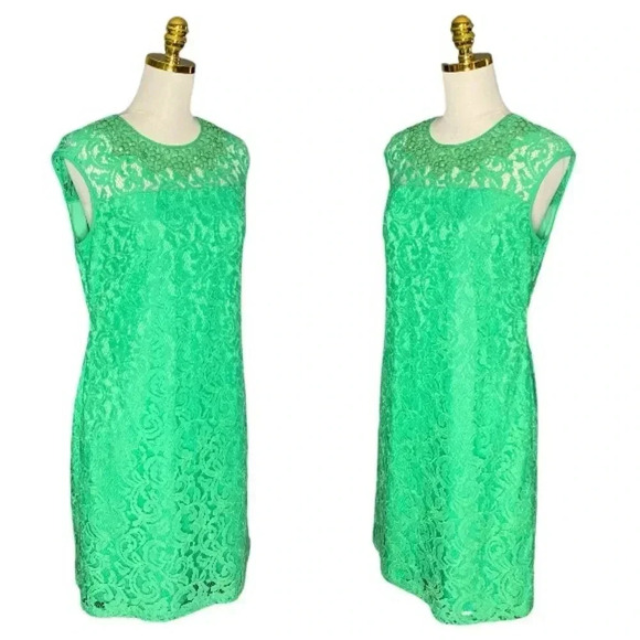 ADRIANNA PAPELL |SLEEVELESS LACE DRESS WITH BEADED NECK IN BOTANIC GREEN SIZE 10 - Picture 2 of 10
